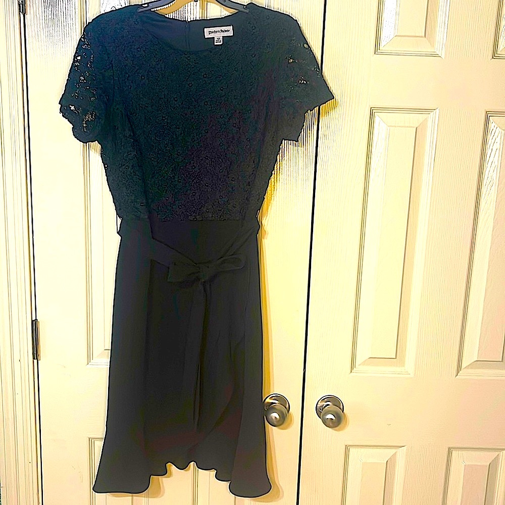 NWOT - Shelby and Palmer black dress embroidered top with flowy faux wrap bottom